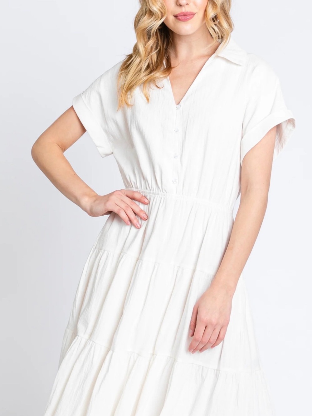 Koo de Ker Women’s White Tiered Button-Front Dress